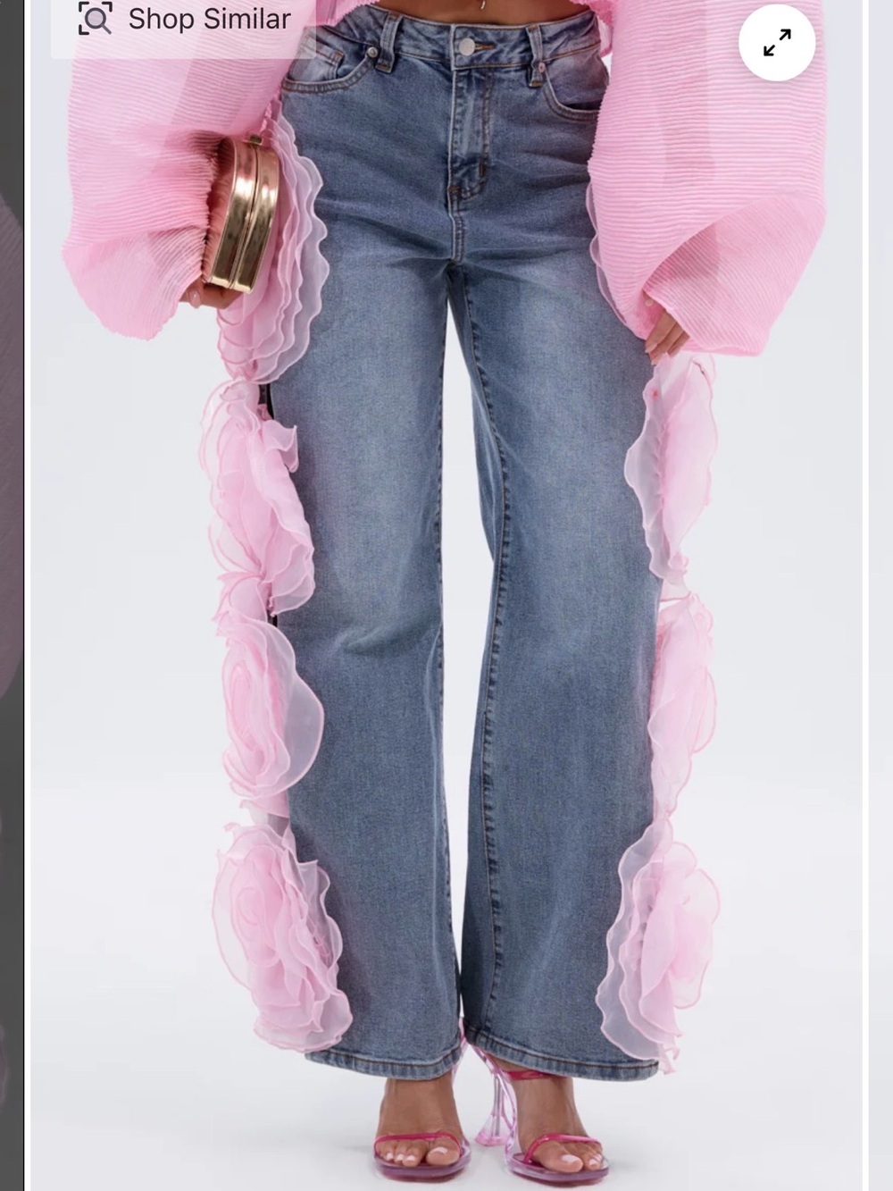 AKIRA Blue Straight-Leg Jeans with Pink Organza Floral on Appliqués